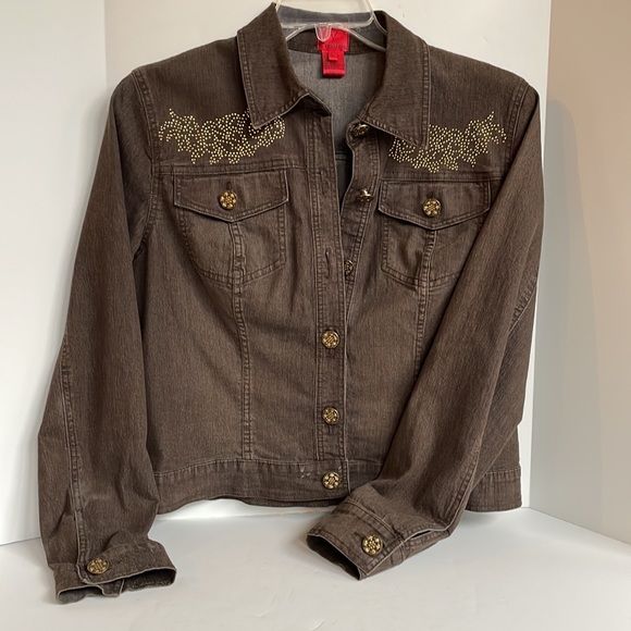 Christina stretch cropped brown denim jacket rhinestone detail size large - Picture 5 of 7